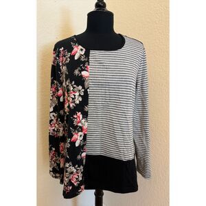 Chico's Mixed Print Long Sleeve Floral and Striped Top - Sz 2 (L/12)
